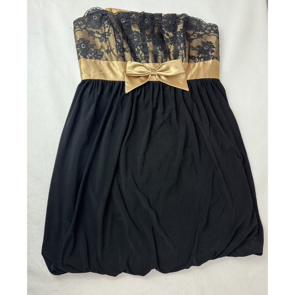 Vintage Gunne Sax Jessica McClintock Bubble Hem Dress Strapless Black Gold Lace - Picture 1 of 8